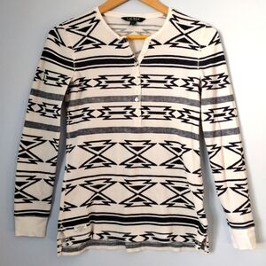 Vintage 100% cotton Ralph Lauren waffle knit‎ black white Aztec print Henley